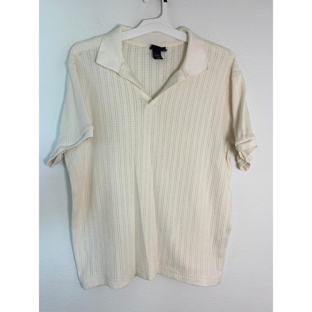HM Regular Fit Knit Polo Shirt Cream Pointelle Open Weave Mens XL Short Sleeve